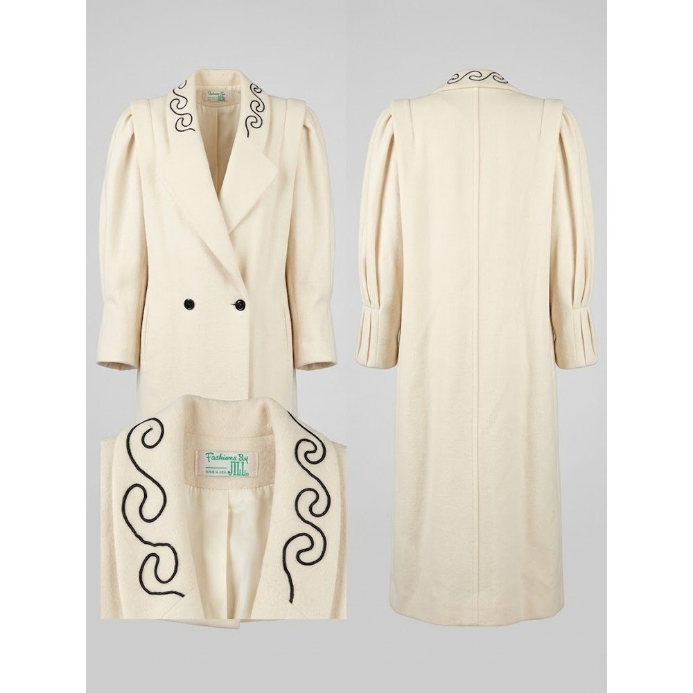 Vintage 80s Fashions By Jill Cream Wool Embroidered Lapel Coat Trench USA Made